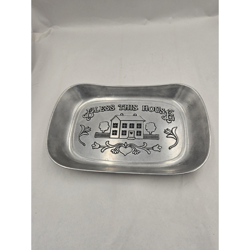 Vtg Wilton Armetale Serveware Bless This House Serving Bread Tray Platter Pewter